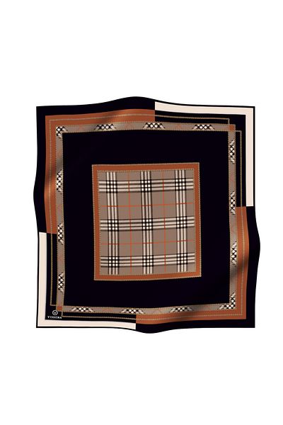 Vissona Копринен шал с кафяв каре и шарки - 90x90, ръчно шит