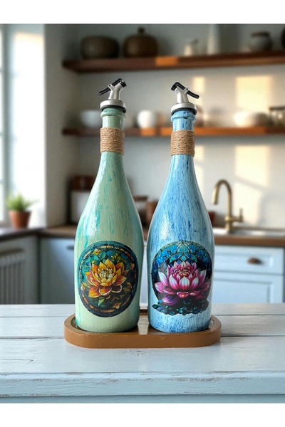 Mes Reves Özel Tasarım Lotus Çiçeği Desenli Sunum Stantlı 2'li 750 ml Zeytiny...