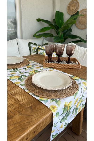 Decamor home Lemon Patterned Stain Resistant Yellow Green Runner Dertsiz Fabric