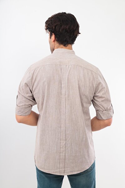 Fitmens Slim Fit Long Sleeve Court Collar Half Placket Men's Shirt with Gift Box Fs-003687 - Brown