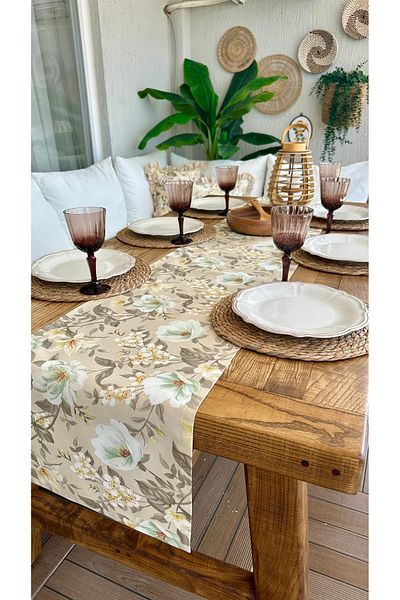 Decamor home Stain Resistant Magnolia Flower Pattern Beige Runner