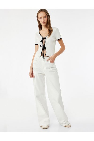 Koton Cotton Short Sleeve Bow T-Shirt with Tie Detail