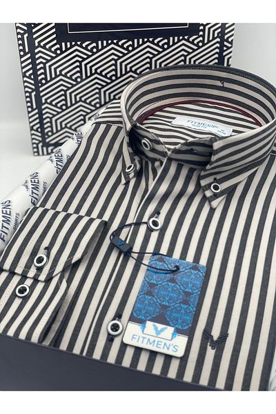 Fitmens Slim Fit Long Sleeve Lycra Striped Collar Buttoned Gift Boxed Men's Shirt Fs- 003669   - Dark Gray