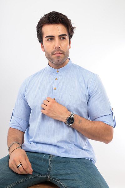 Fitmens Slim Fit Long Sleeve Prevailing Neck Half Placket Gift Boxed Men's Shirt Fs- 003687   - Light Blue