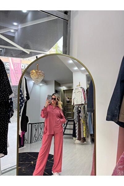 Butik Taşlı bürümcük kumaş likralı gömlek beli lastikli pantolon ikili takım