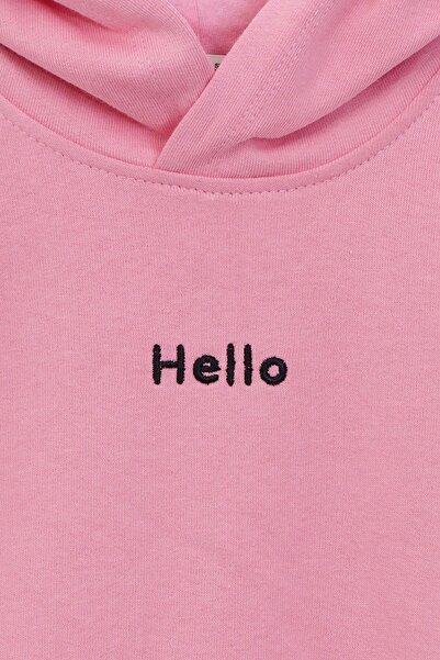 ZUZUNGA Kapüşonlu Hello Nakış Baskılı Basic Pembe Çocuk Eşofman Takımı