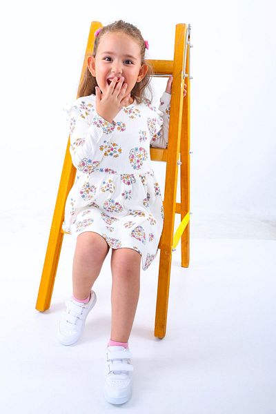 ZUZUNGA White Heart Floral Print Cotton Ribbed Children's Dress (2-6 Years)