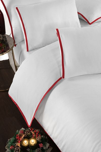 Silkarea Clean Slate 100% Cotton Satin Duvet Cover Set Fitted Sheet, Double, White-Red