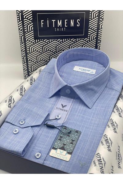 Fitmens Classic Long Sleeve Linen Collar Bottom Button Men's Shirt with Gift Box Fs- 003686   - Blue