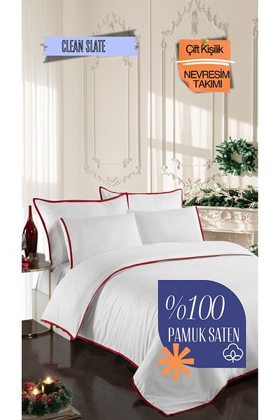 Silkarea Clean Slate 100% Cotton Satin Duvet Cover Set Fitted Sheet, Double, White-Red
