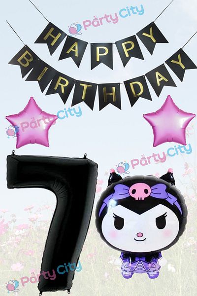 Party City 7 Year Old Birthday Party Set - Kuromi Balloon Black Gold Banner Star Foil Balloon Decoration