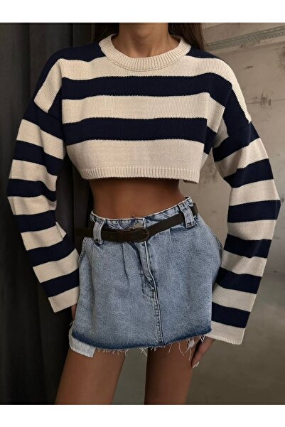 lovebox Kadın Taş Lacivert Çizgili Crop Kazak