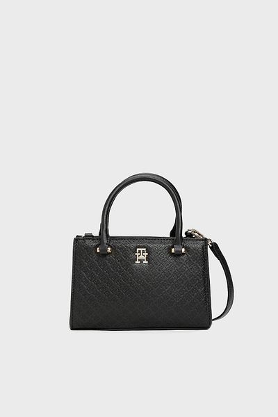 Tommy Hilfiger Women's Monogram Th Logo Printed Zipper Closure Black Shoulder Bag Aw0Aw16932-Bds