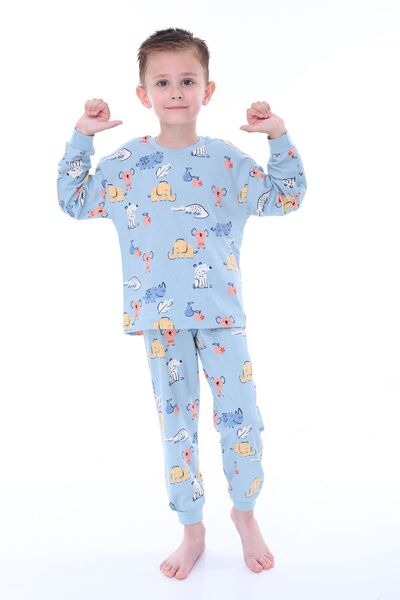 ZUZUNGA Sevimli Hayvanlar Koala-Fil-Timsah  Unisex Mavi Pijama Takımı