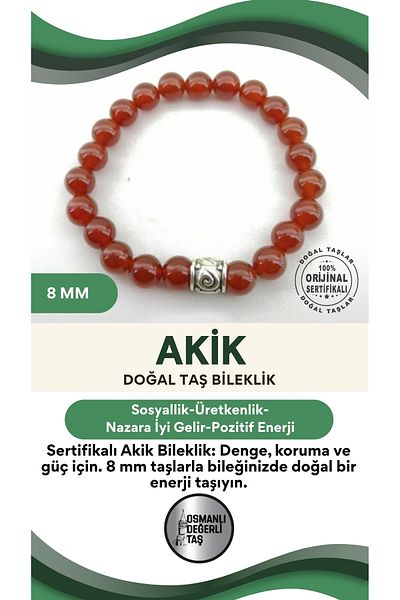 OSMANLI DEĞERLİ TAŞ 8 Mm Certified Agate Bracelet - B334