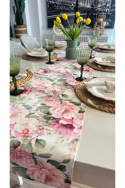 Decamor home Runner roz ecru cu model floral rezistent la pete