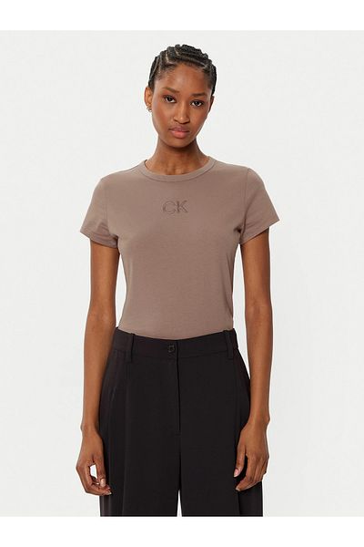 Calvin Klein Brown Women's T-Shirt - 100% Cotton, Crew Neck, Logo Detail, Short Sleeve K20K 207974 -Ga6