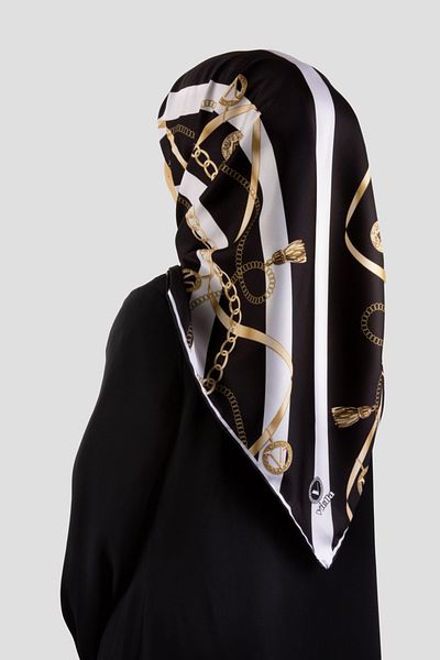 VİOLLA Dungi din twill negru - eșarfă 90x90 cu model de centură și zinco (fără mătase) formă de cusătură pe margine Hand Di