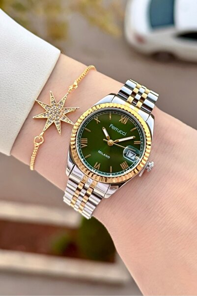 Ferrucci Kadranı Yeşil Kordonu Altın Metalik Renk 2 Yıl Garantili 35 Mm Kadın...