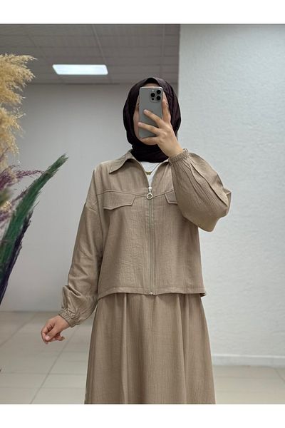 MİHRA STORE Costum de buzunar cu fustă cu fermoar și căpșuni Sofia-NA3390 Mink