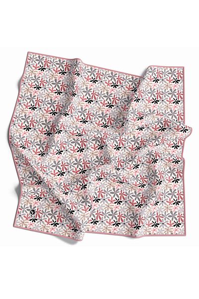 VİOLLA 90X90 Silk Free Twill Scarf - Colorful Floral Print, Powder, Edge Stitching Shape
