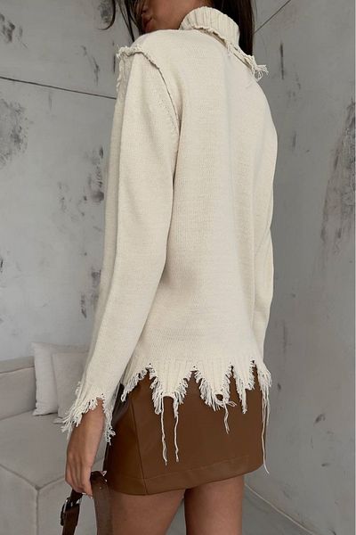 lovebox Women's Turtleneck Laser Detail Beige Sweater 23W16005