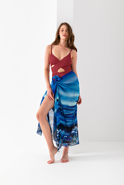 Wega Moda Aquarium Dolphin Pattern Chiffon Pareo, Digital Printing, Quick Dry Pareo, 200X100Cm, Beach Clothing, Pareo