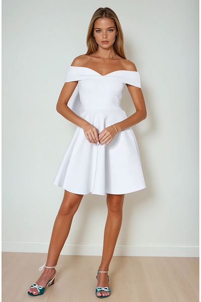 OLSAMODA Women's Kiss Collar Lycra Scuba Fabric Flared Cut Engagement Wedding Invitation Dress