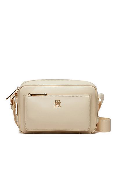 Tommy Hilfiger Women's Leather Brand Logo Zippered Daily Use Beige Shoulder Bag AW0AW15991-AEF