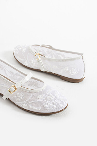 Bufu Madrid Beyaz Boncuk Nakış Işlemeli Yazlık Gelinlik Ayakkabısı Kadın File Babet