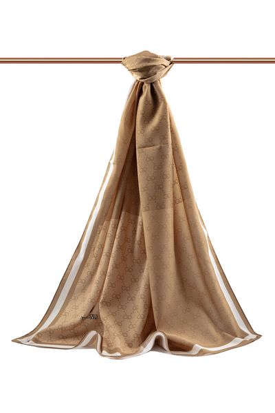 Vissona Luxury Medina Silk Monogram Patterned Beige Colored 75X195 Non-Wrinkle Shawl Moss Crepe Stitching Type Italian Sewing