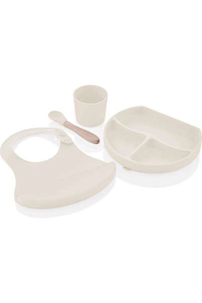 Babyjem Silikon Beslenme Seti Ekru - Silikon Önlük & Tabak & Bardak & Kaşık -...