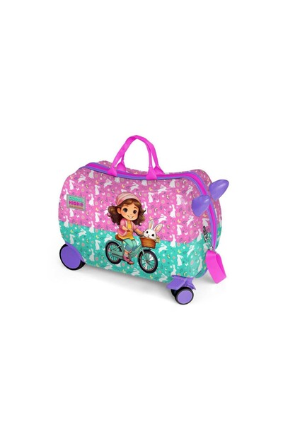 Coral High Kids Mor Pembe Bisikletli Kız Desenli Otur-çek Çocuk Valizi 16356