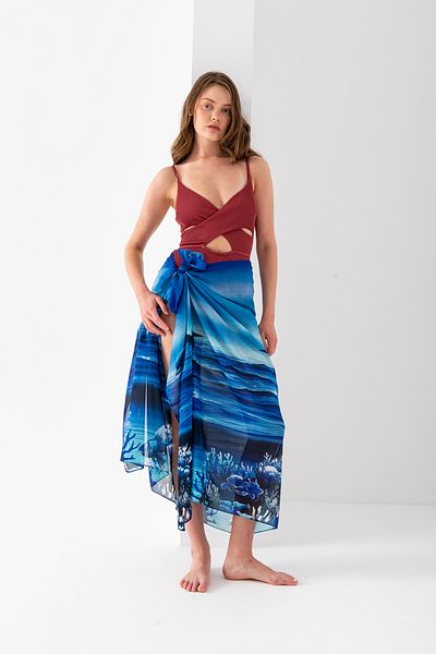 Wega Moda Aquarium Dolphin Pattern Chiffon Pareo, Digital Printing, Quick Dry Pareo, 200X100Cm, Beach Clothing, Pareo