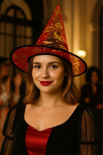 BeySüS Halloween Cadılar Bayramı Cadı Şapkası Kırmızı Gold Şeffaf Tüllü