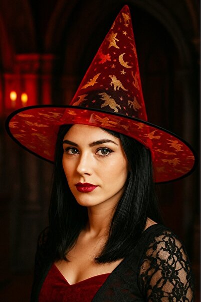 BeySüS Halloween Cadılar Bayramı Cadı Şapkası Kırmızı Gold Şeffaf Tüllü