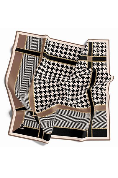 VİOLLA Μπεζ μαντήλι με μοτίβο Houndstooth 90x90 χωρίς μετάξι - Ραμμένο στην άκρη και στο χέρι
