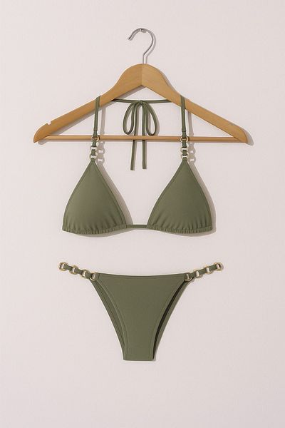 Urrenn Gold Ring Detailed Semi-Brazilian Triangle Bikini Set Green |   Unassisted, Beach Wear