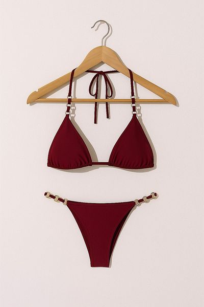 Urrenn Gold Ring Detailed Semi-Brazilian Triangle Bikini Set Claret Red |   Unassisted, Beach Wear
