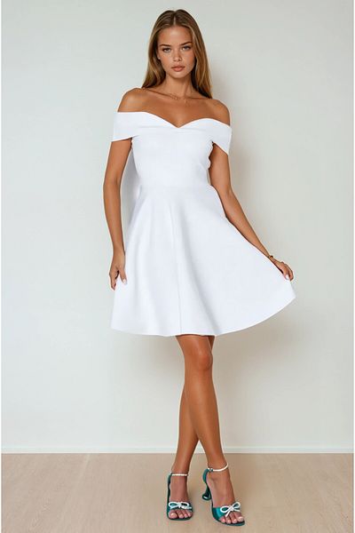 OLSAMODA Women's Kiss Collar Lycra Scuba Fabric Flared Cut Engagement Wedding Invitation Dress