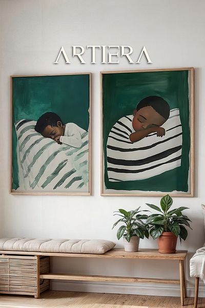 HİGUERA Pictură în ulei de bebeluș adormit în tonuri de verde smarald Pictură murală cu cadru dublu din lemn