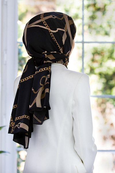 Vissona Luxury Medina Silk Chain Belt Patterned Black Colored 75X195 Wrinkle Free Shawl Moss Crepe Stitching Type Italy
