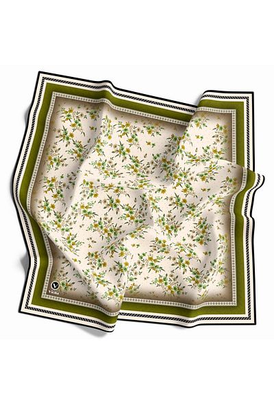 VİOLLA Eșarfă 90x90 de culoare kaki cu model de flori crocante din twill (FĂRĂ MĂTASE) Forma cusăturii marginilor cusute manual