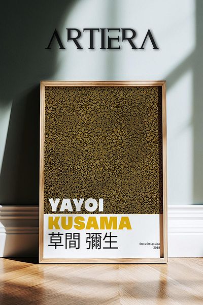 HİGUERA Yayoi Kusama Celebrul pictor Galben Puncte negre Vintage Japandi Art Pictură de perete cu rame din lemn