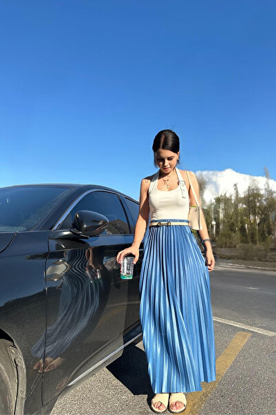 thesunfyre Fusta lungă pliată cu talie elastică maro pentru femei