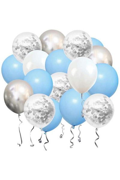 BeySüS 15 Pieces Silver Confetti 5 Transparent Balloons 5 Macarons Blue 5 Metallic Gray Balloons Set
