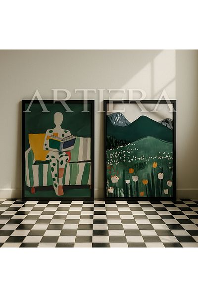 HİGUERA Peisaj în tonuri de verde smarald și pictură în ulei de lectură a cărților Sensație de pictură pe perete cu rame din lemn dublu