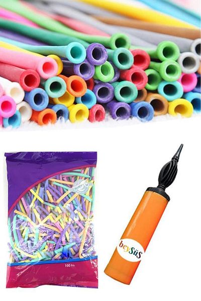 BeySüS 100 Pieces Macaron Soft Sausage Balloon Mixed Color Long Thin Balloon 1 Piece Balloon Pump
