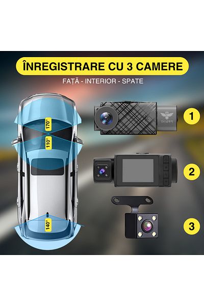 Tzappy Cameră auto 1080P, Tzappy, vedere nocturnă față și spate, senzor de coliziune, înregistrare cu trei lentile