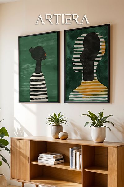 HİGUERA Siluete abstracte cu dungi verde smarald Pictură murală cu rame din lemn natural dublu